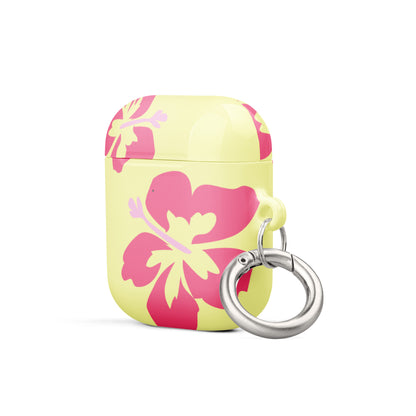 Pink Hibiscus on Yellow Airpods Case